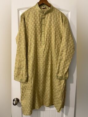 Men's Traditional Kurta in Light Gold and Green